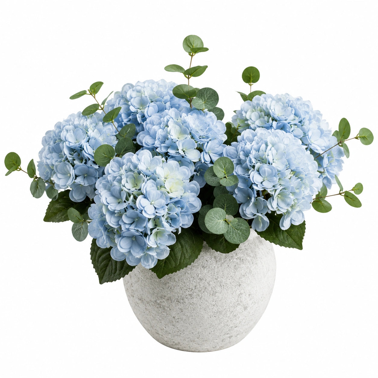 Composizione di Ortensie Artificiali Blu con Vaso Tondo
