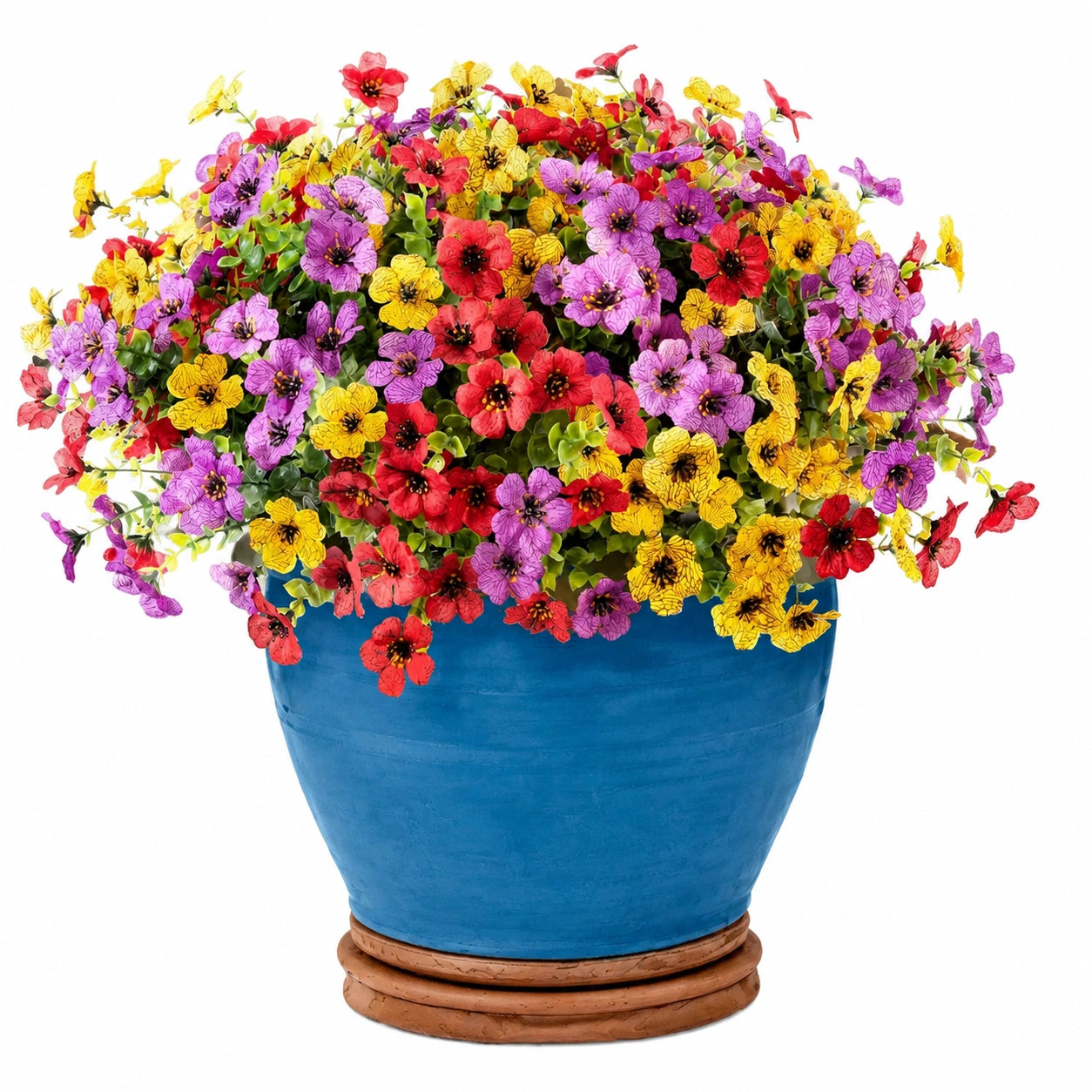 Composizione di Fiori Artificiali Multicolore in Vaso Blu
