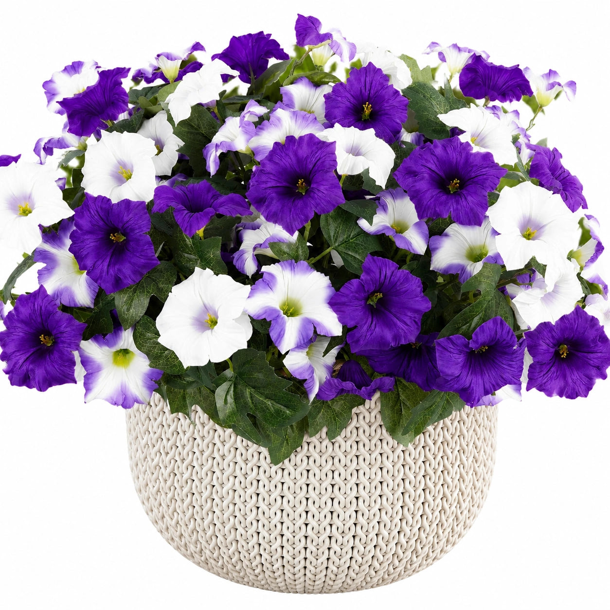 Pianta artificiale con petunie viola e bianche in vaso intrecciato 30 cm