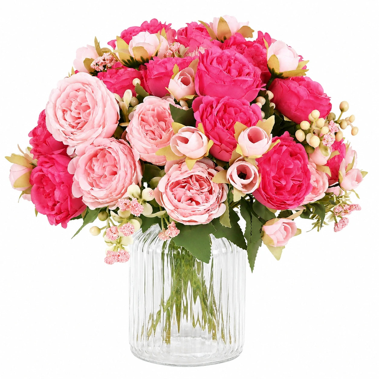 Bouquet di Rose e Peonie Artificiali Rosa e Fucsia in Vaso di Vetro