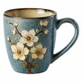 Tazza in Ceramica con Fiori in Rilievo, 350ml - Blu Avorio