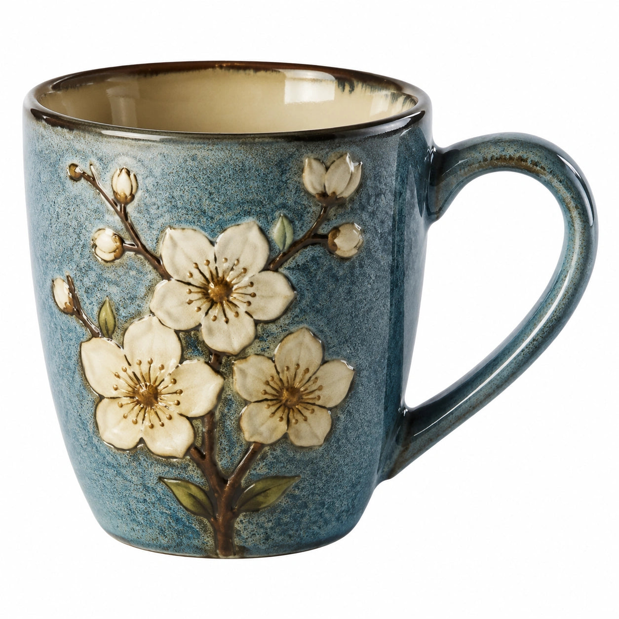 Tazza in Ceramica con Fiori in Rilievo, 350ml - Blu Avorio