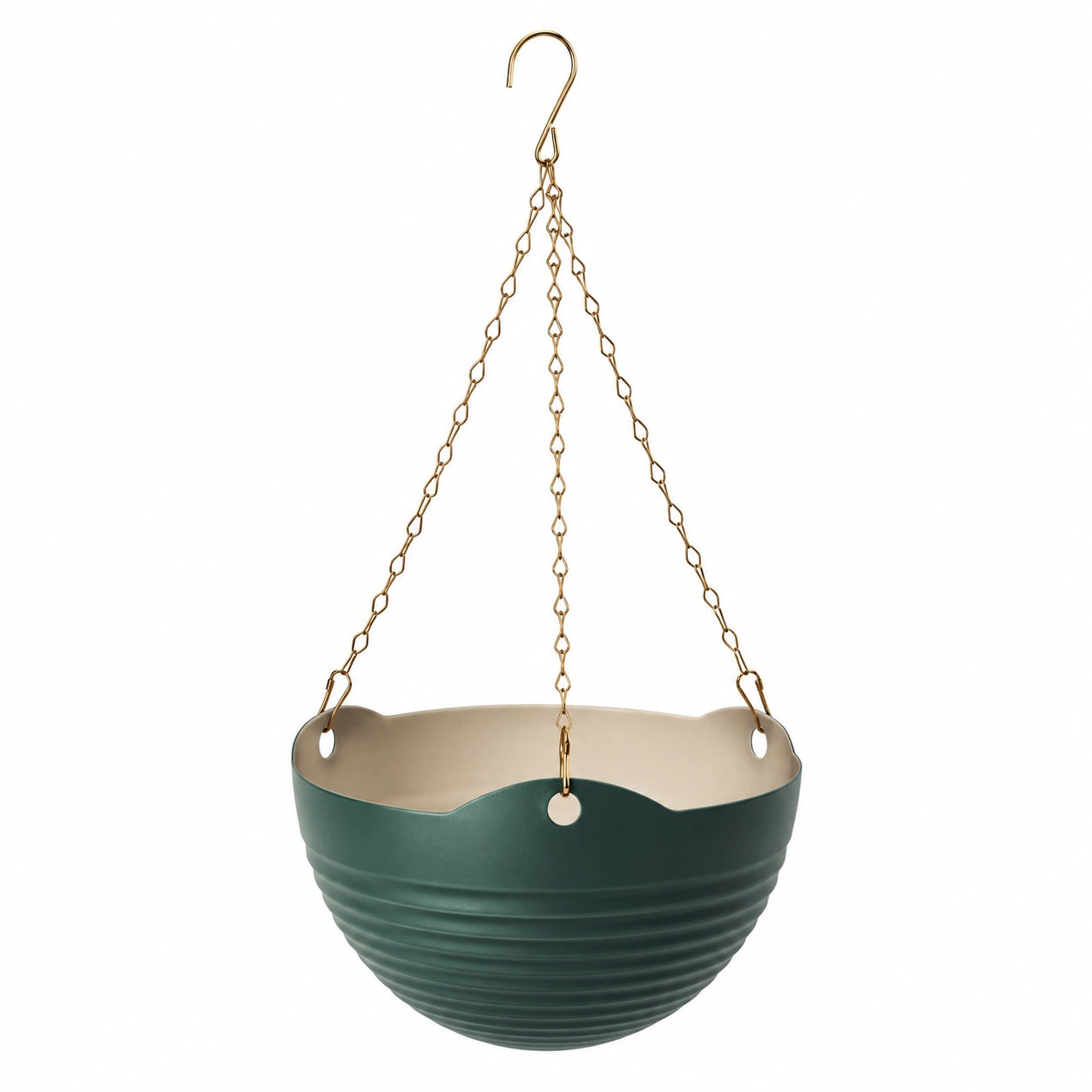 Vaso sospeso verde scuro e beige con catena in metallo